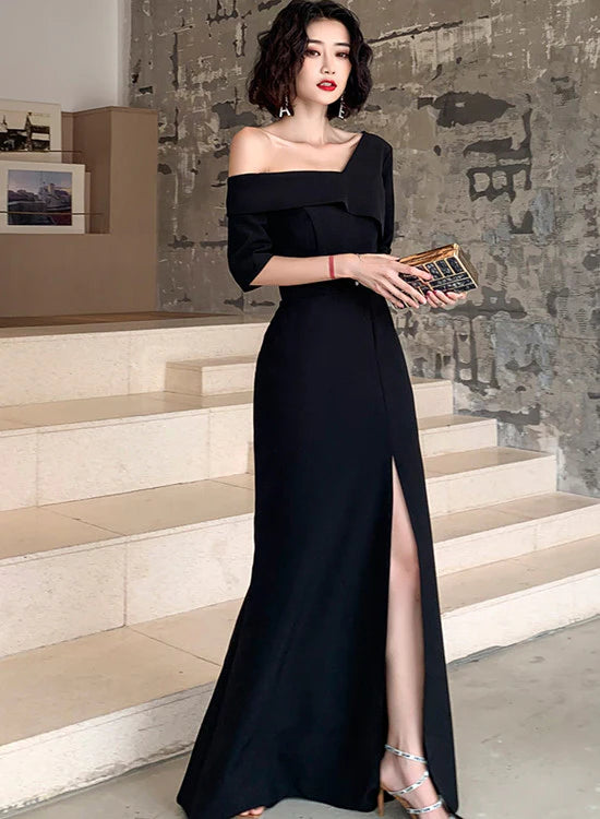 Black One Shoulder Slit Long Full Of Charm Prom Dress