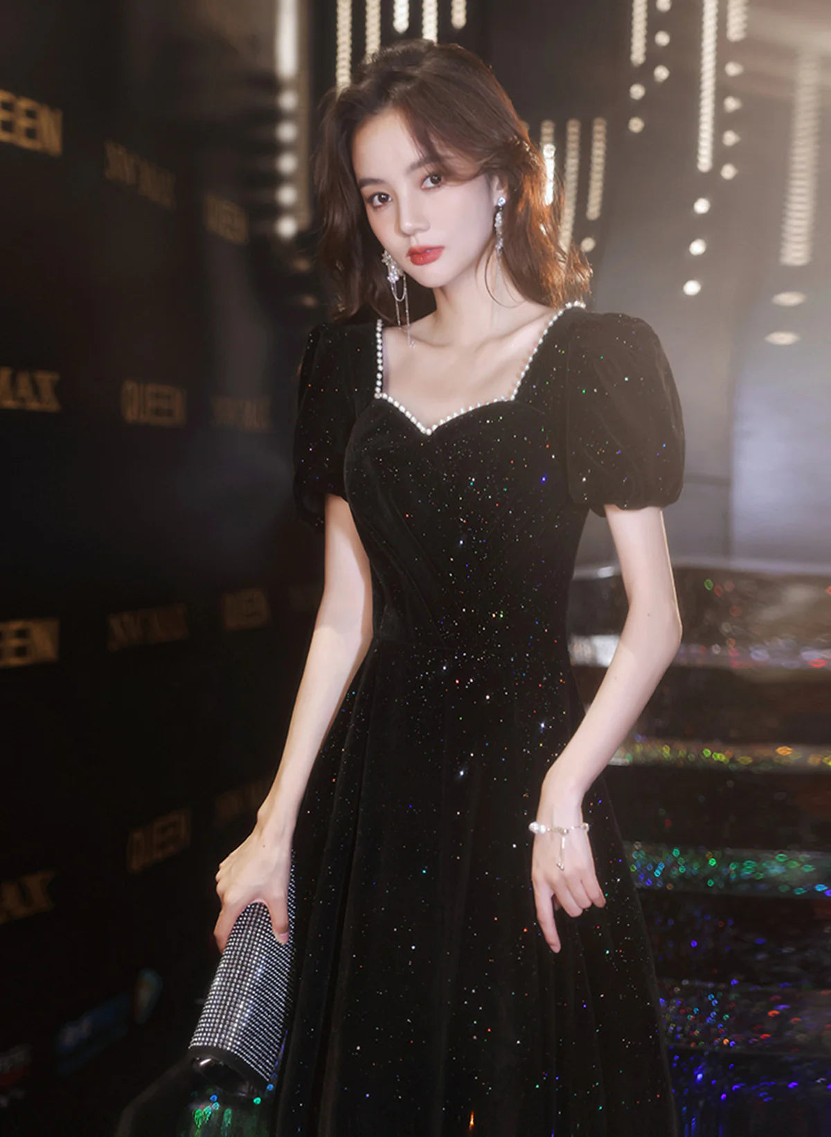 Black A-line Velvet Long Full Of Charm Prom Dress