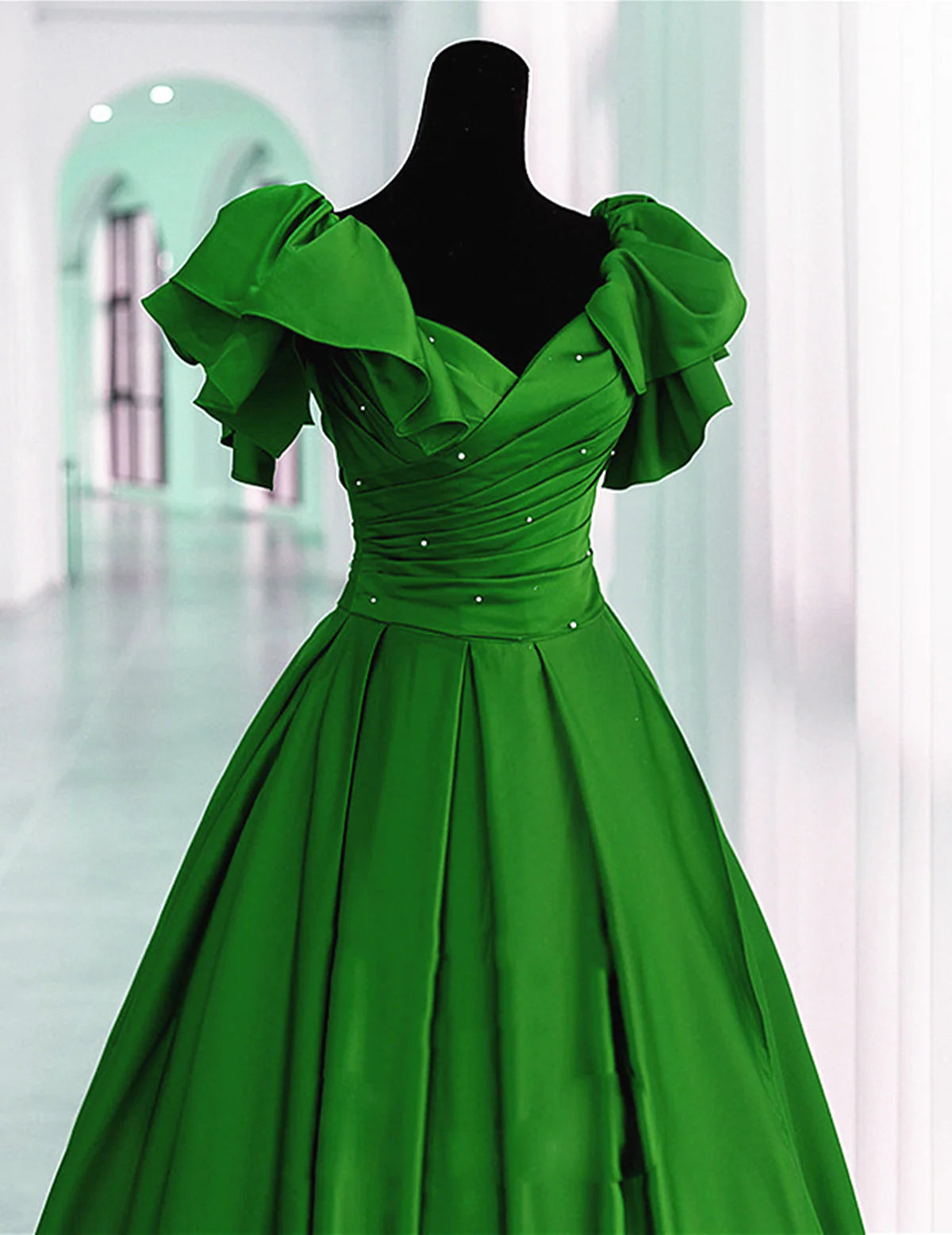 Green Satin Long Short Sleeve Full Of Charm Prom Dress