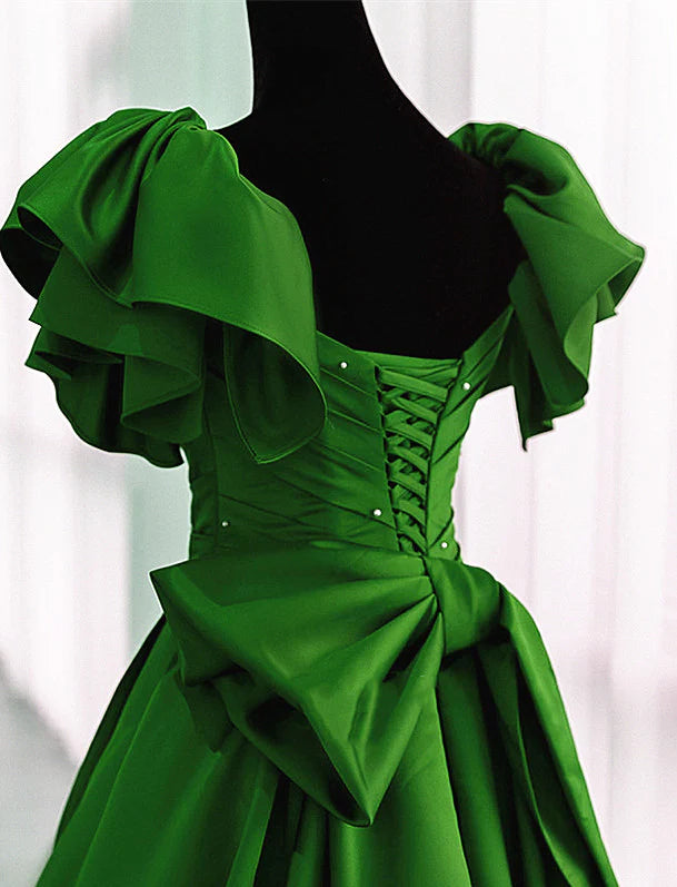 Green Satin Long Short Sleeve Full Of Charm Prom Dress