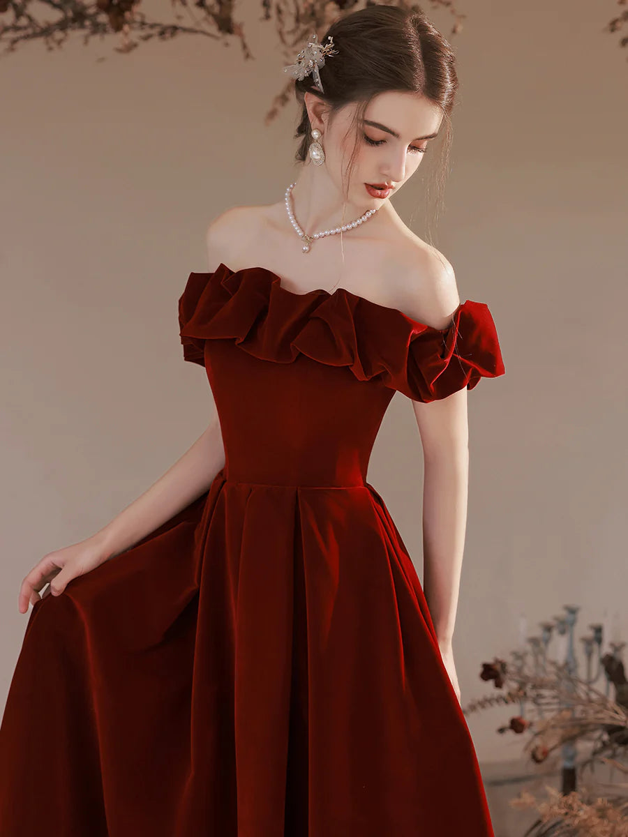 Off Shoulder Simple Velvet Long Full Of Charm Prom Dress