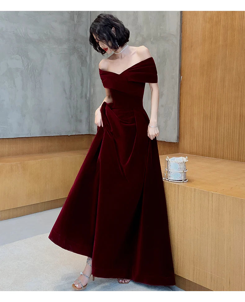 Beautiful Dark Red Velvet Off Shoulder Full Of Charm Prom Dress