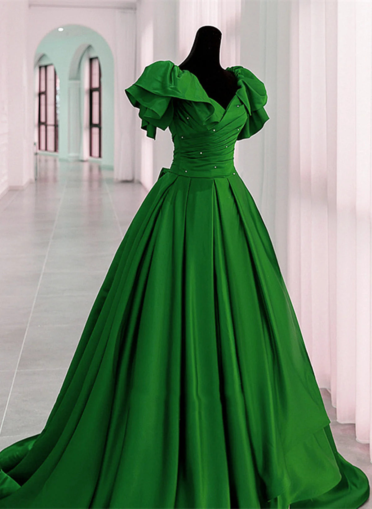 Green Satin Long Short Sleeve Full Of Charm Prom Dress