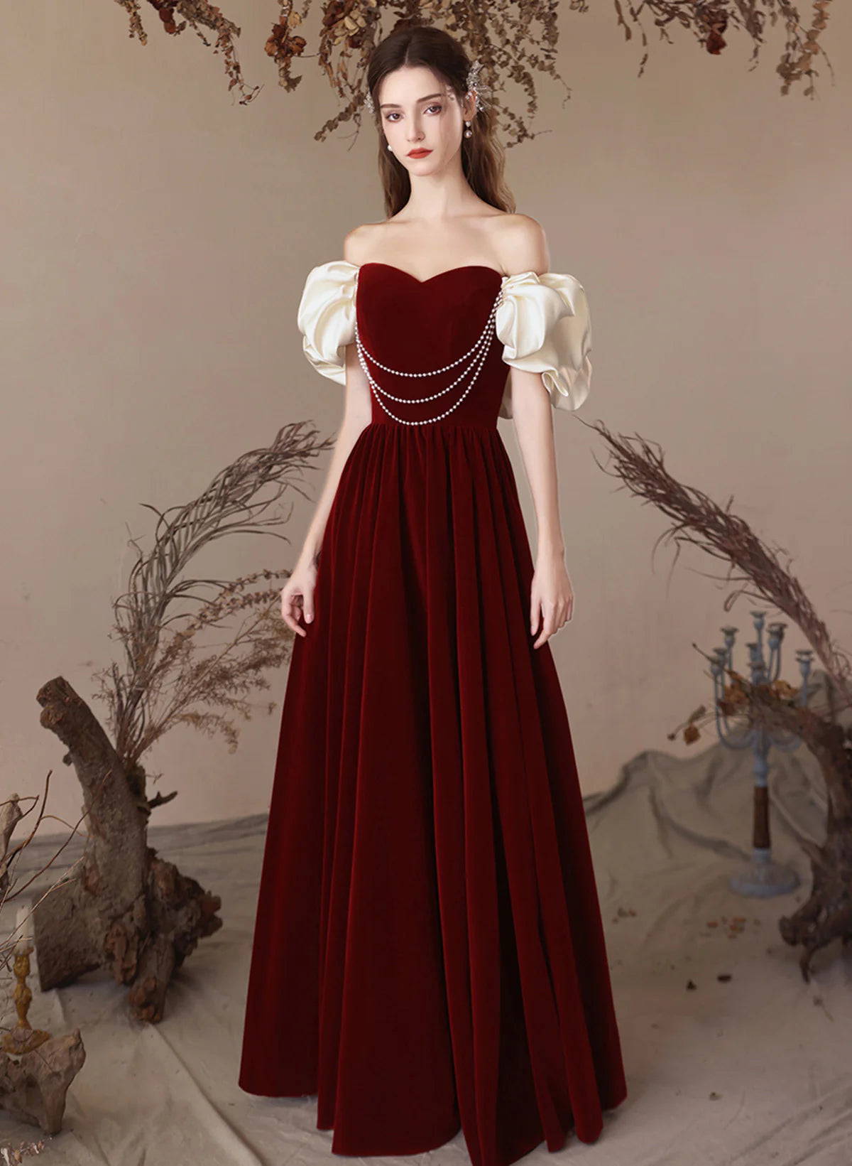 A-line Velvet Wine Red Sweetheart Off Shoulder Prom Dress