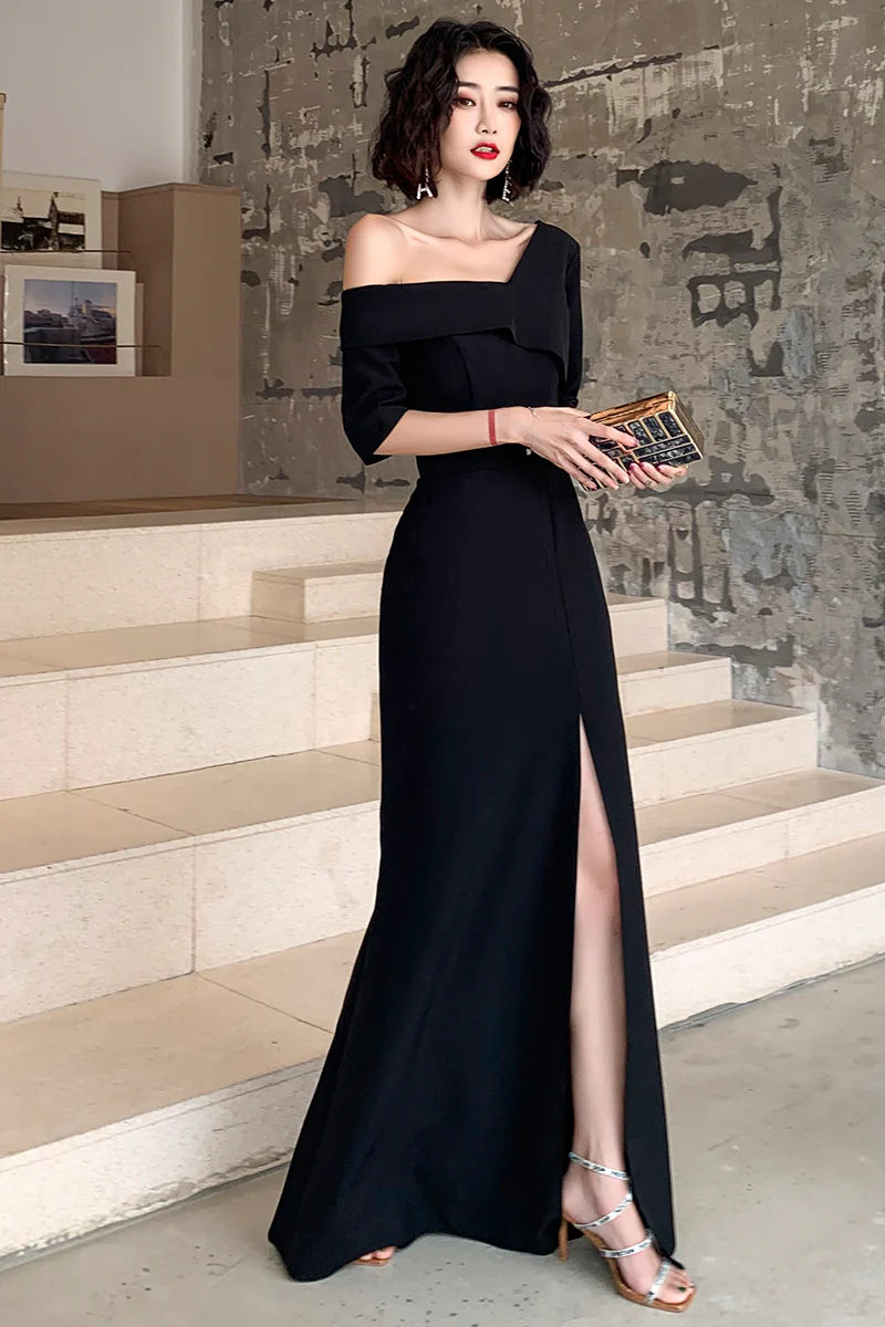Black One Shoulder Slit Long Full Of Charm Prom Dress