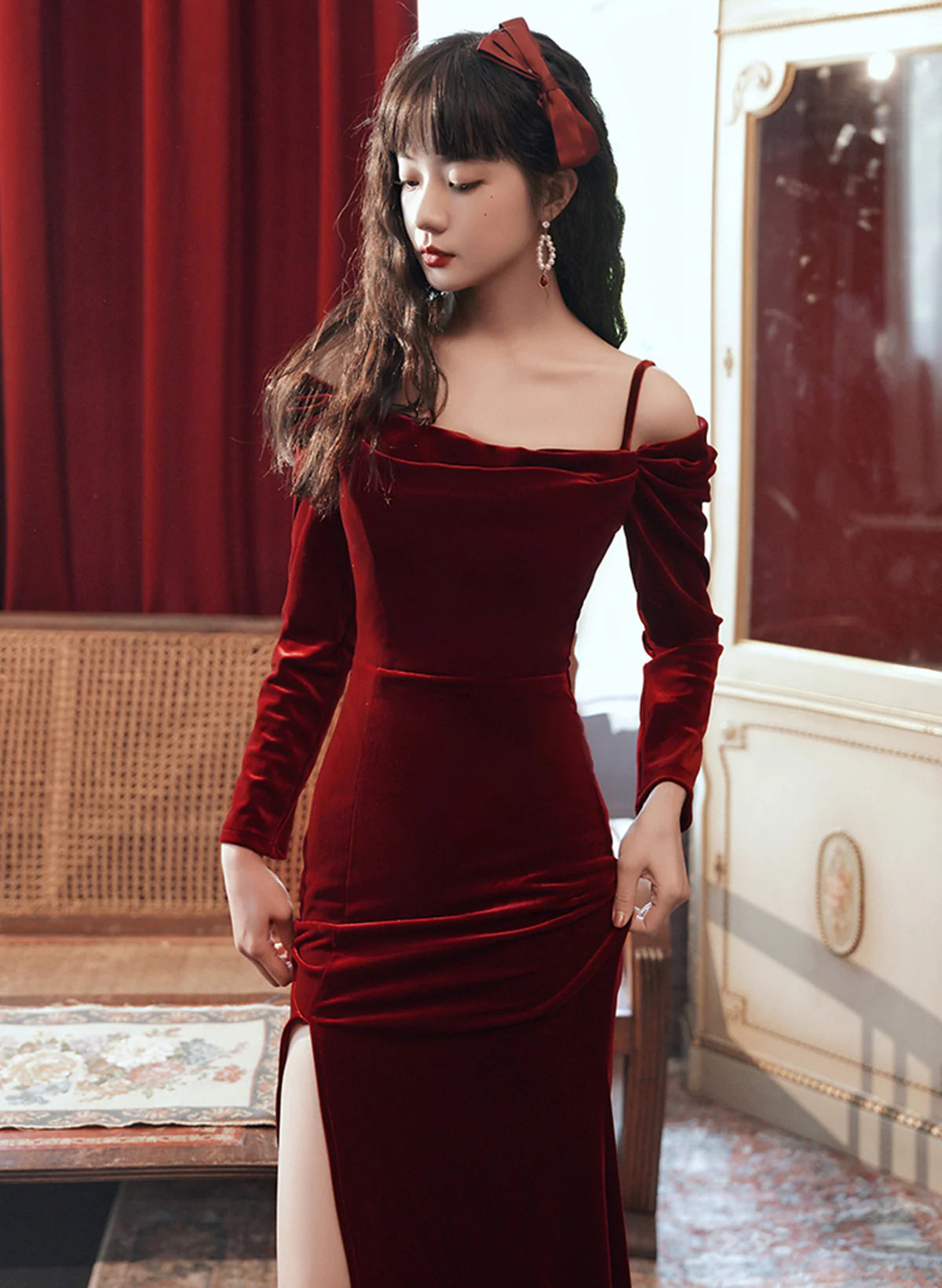 Wine Red Velvet Off Shoulder Long Mermaid Full Of Charm Prom Dress