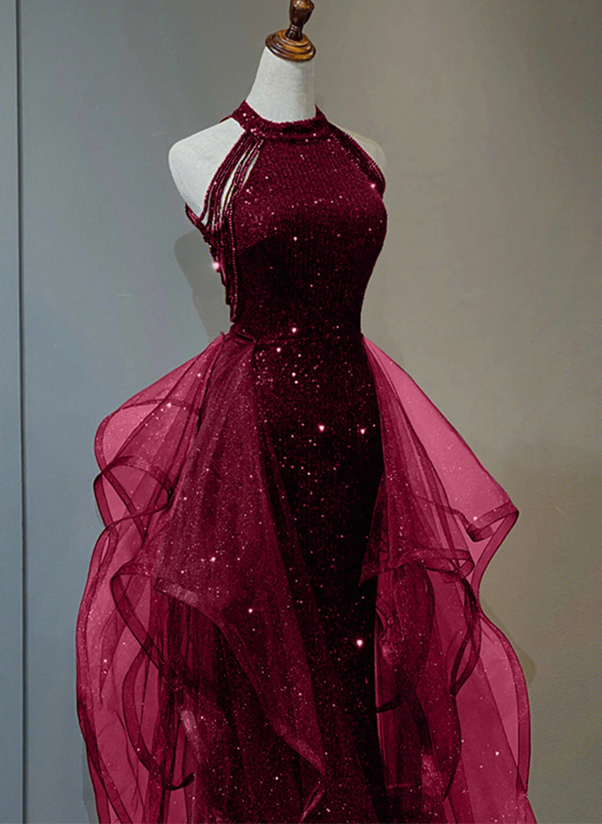 Wine Red Sequins with Tulle Long Full Of Charm Prom Dress