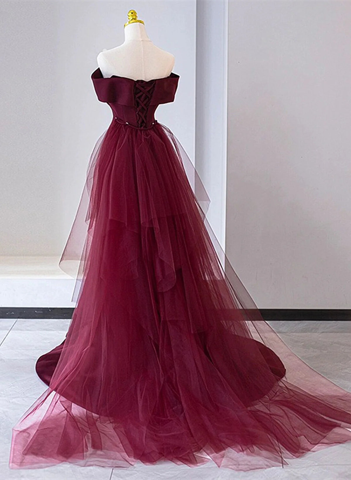 Chic Mermaid Burgundy Satin Off Shoulder Full Of Charm Prom Dress