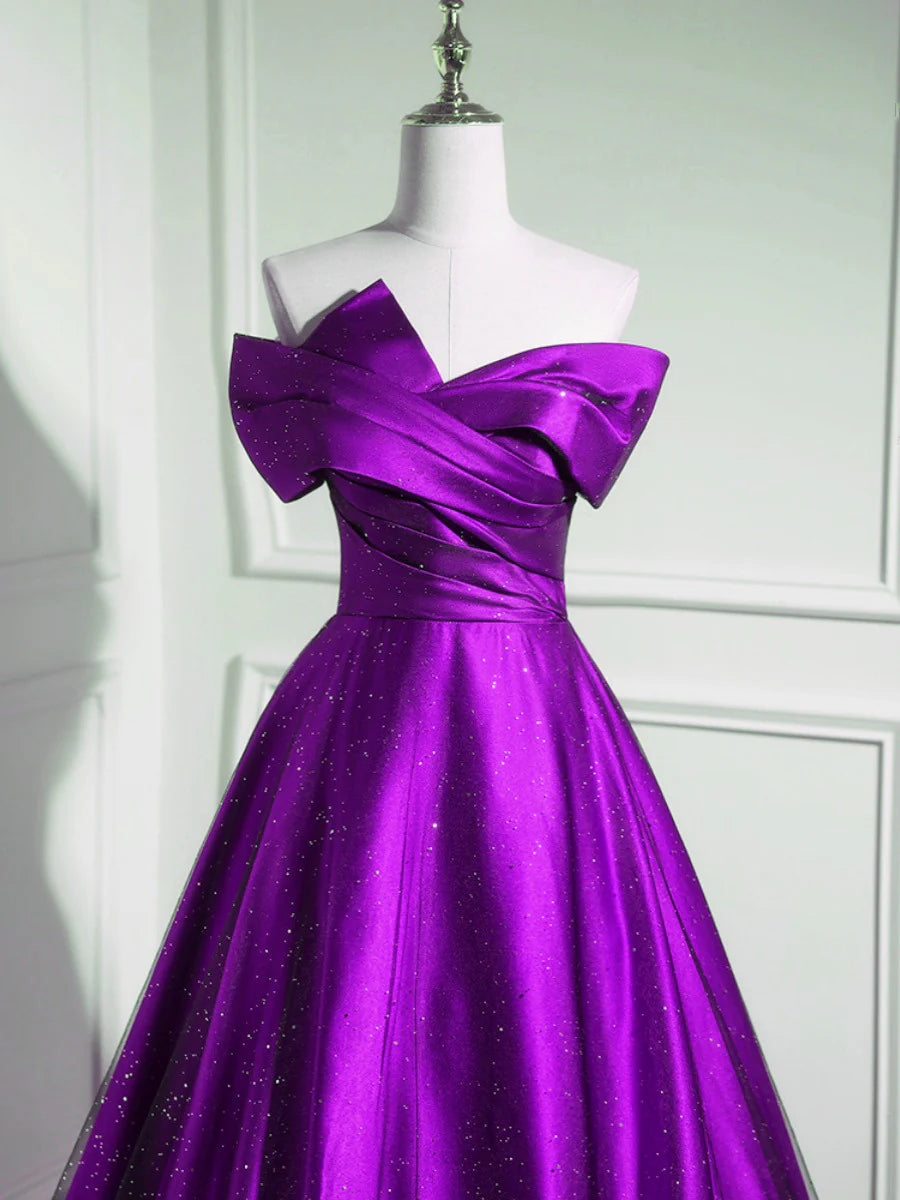 A-line Off Shouolder Black and Purple Satin Full Of Charm Prom Dress