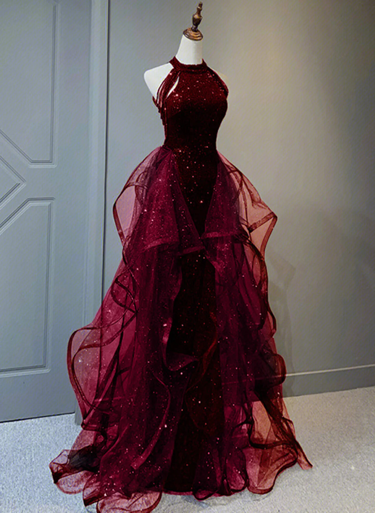 Wine Red Sequins with Tulle Long Full Of Charm Prom Dress