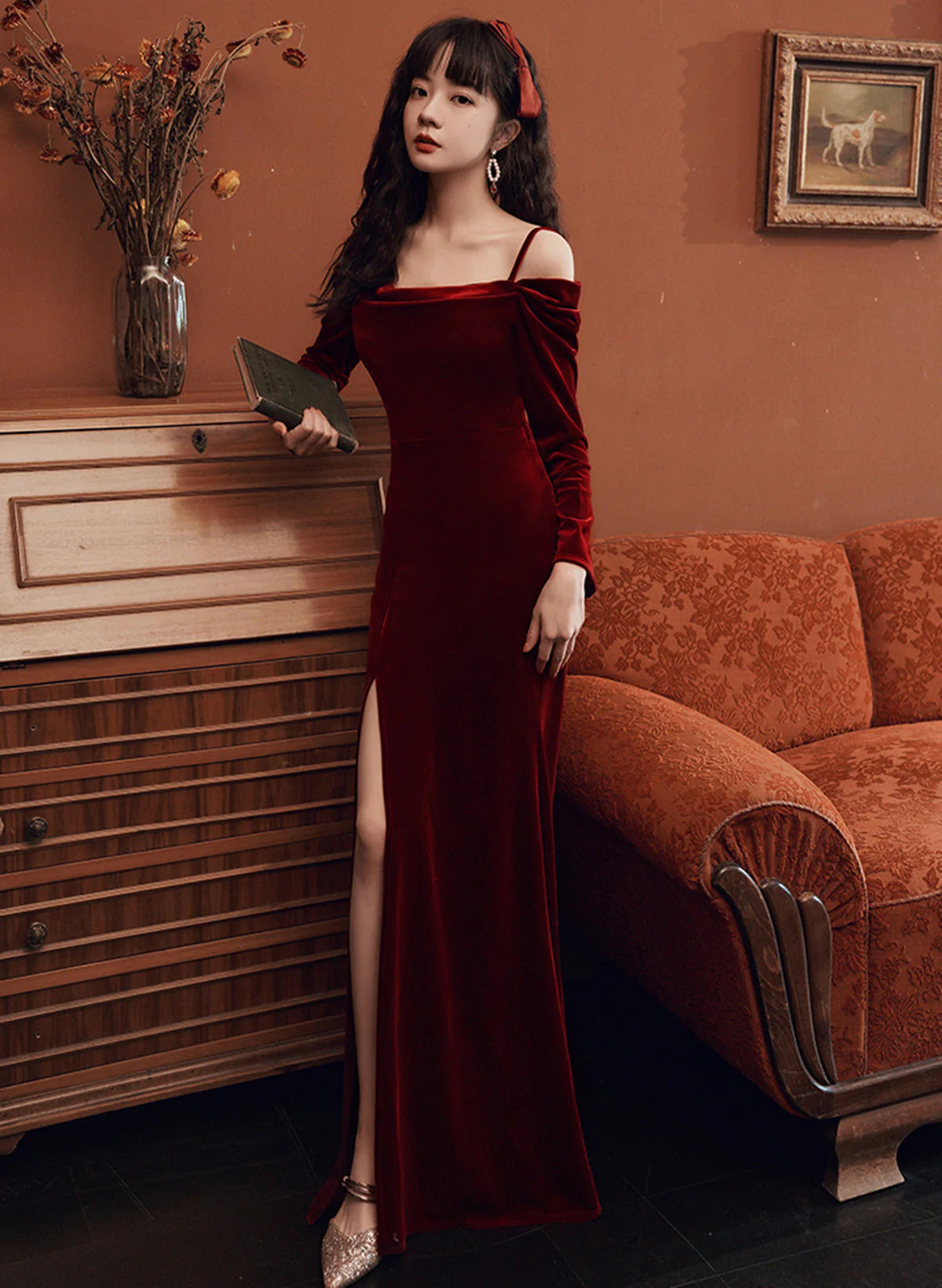 Wine Red Velvet Off Shoulder Long Mermaid Full Of Charm Prom Dress