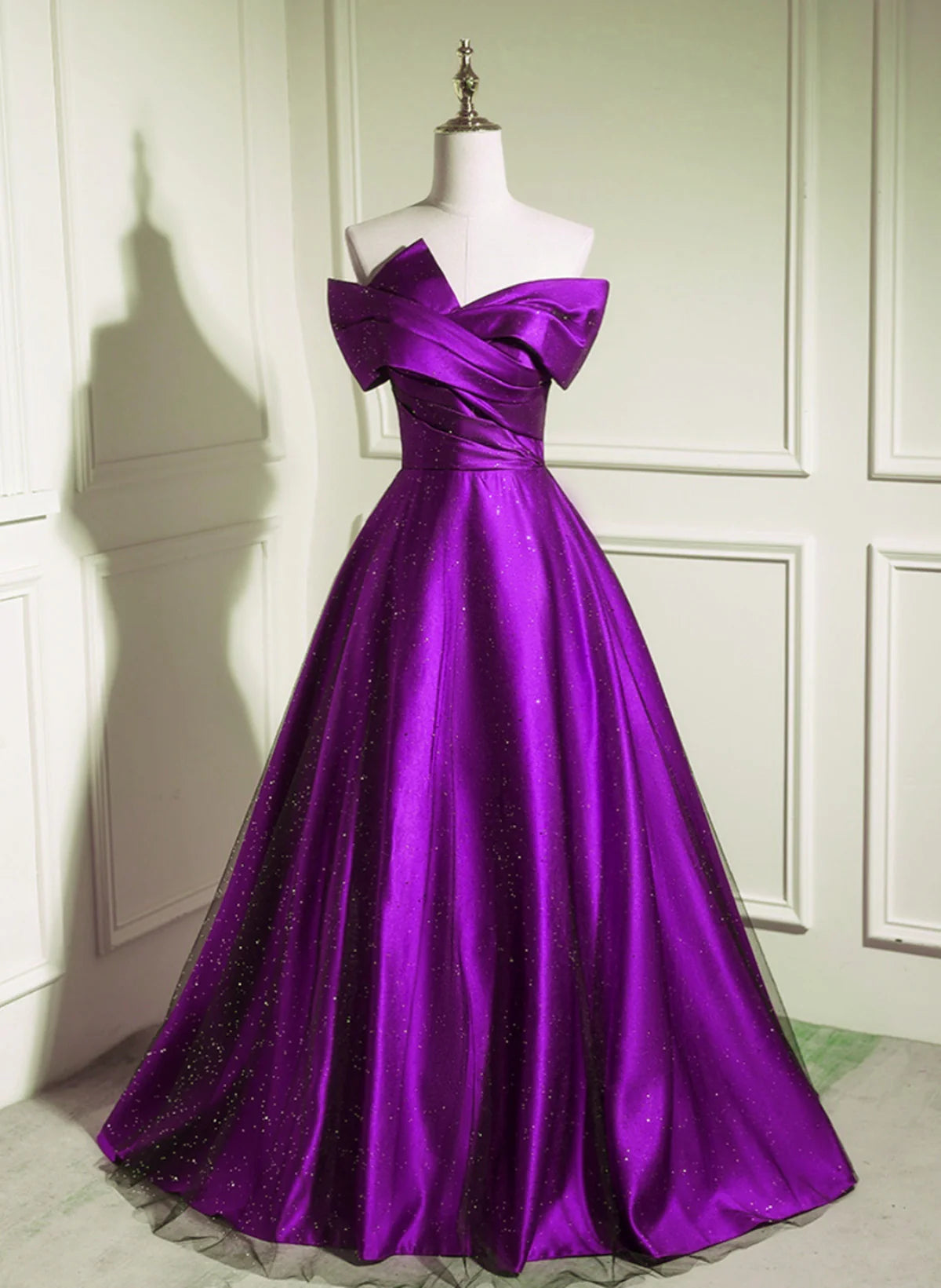 A-line Off Shouolder Black and Purple Satin Full Of Charm Prom Dress