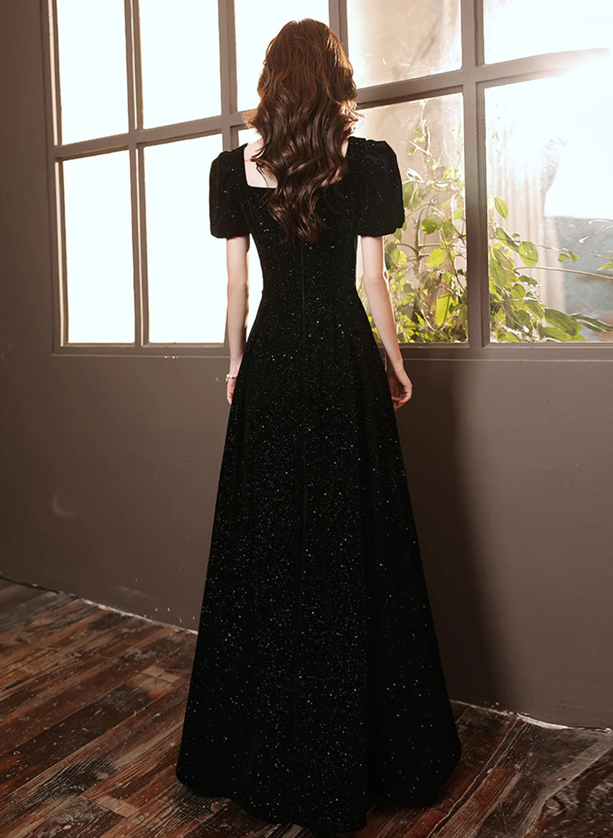 Black A-line Velvet Long Full Of Charm Prom Dress