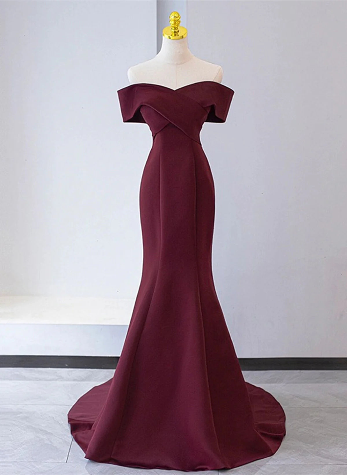 Chic Mermaid Burgundy Satin Off Shoulder Full Of Charm Prom Dress