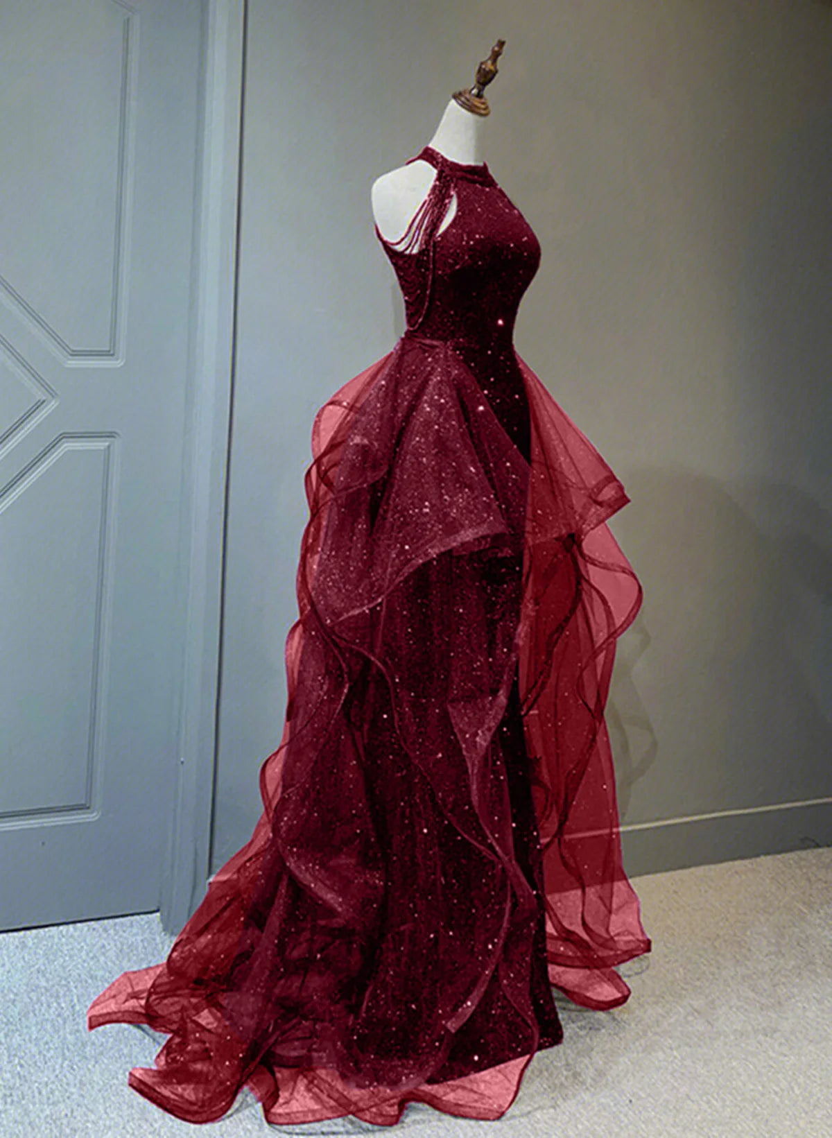 Wine Red Sequins with Tulle Long Full Of Charm Prom Dress