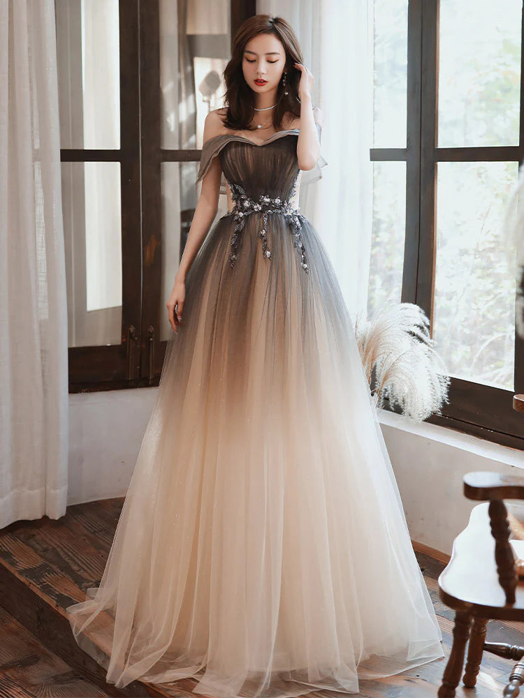 Beautiful Gradient Off Shoulder Tulle Long Full Of Charm Prom Dress
