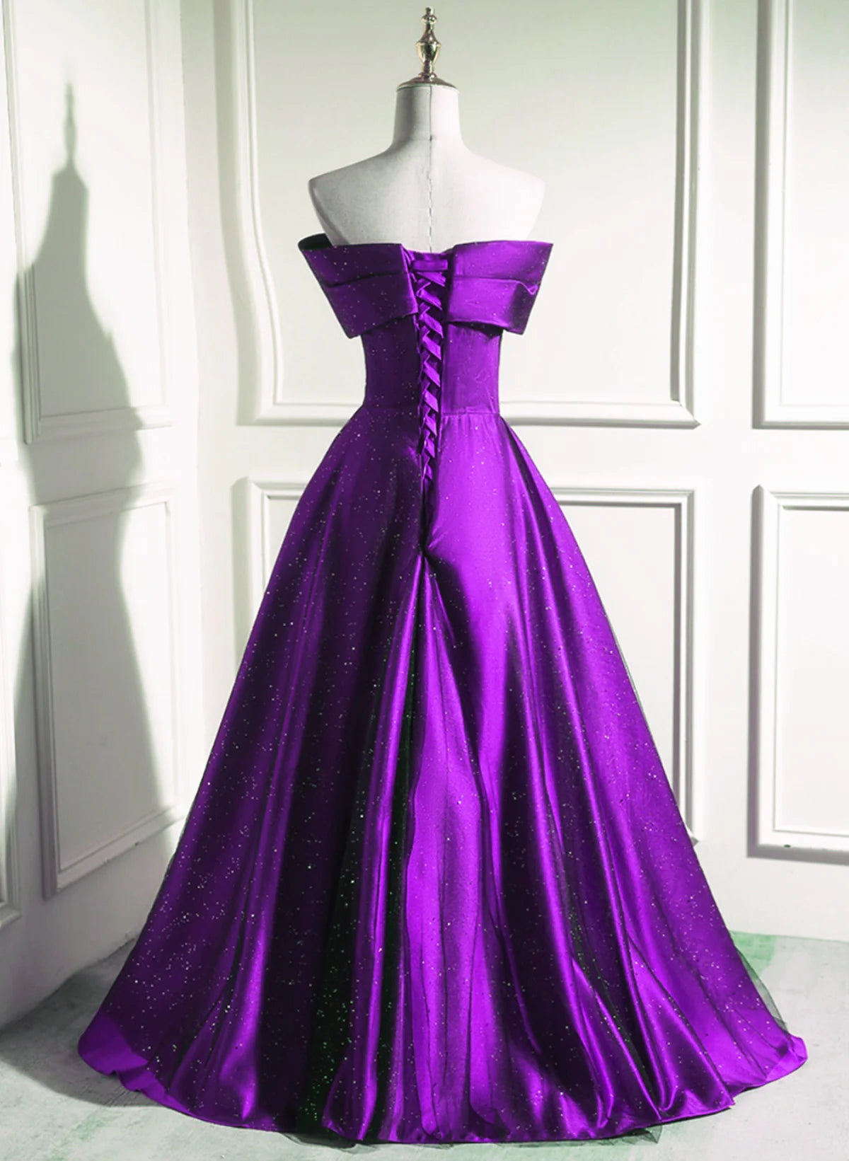 A-line Off Shouolder Black and Purple Satin Full Of Charm Prom Dress