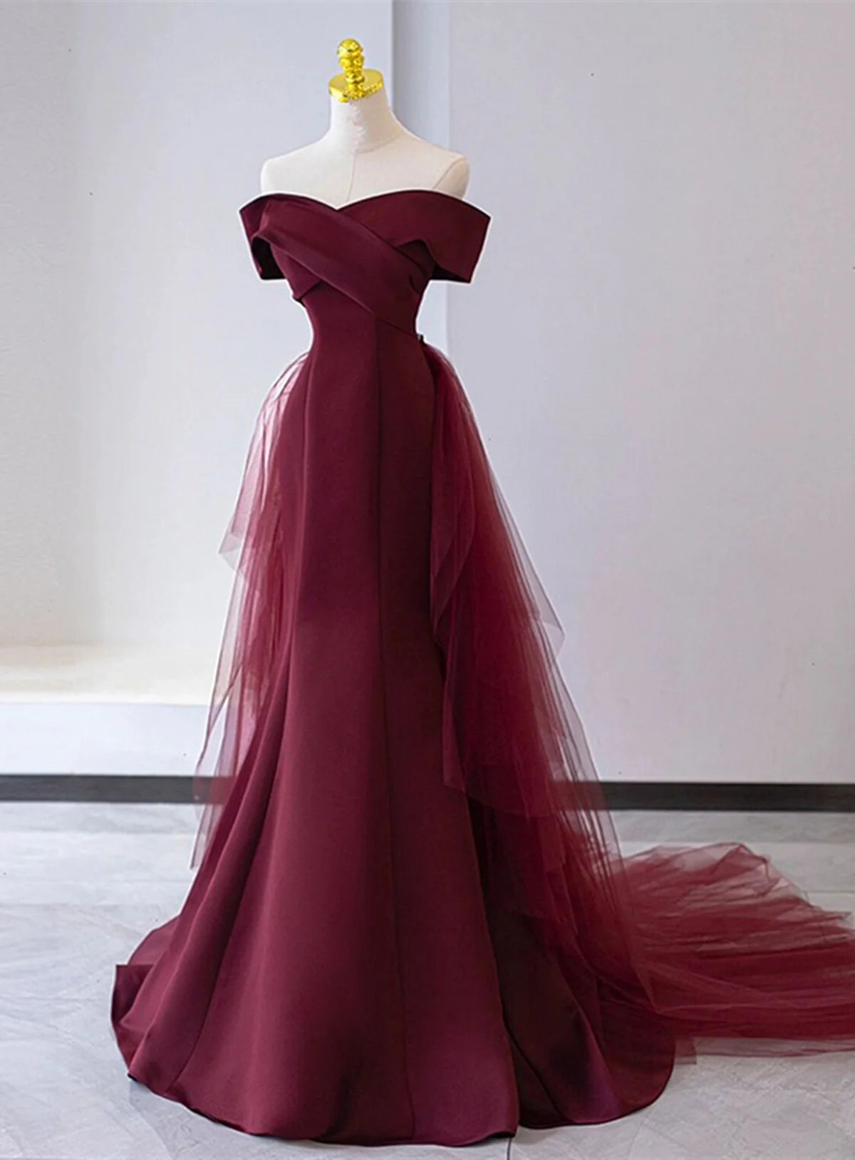 Chic Mermaid Burgundy Satin Off Shoulder Full Of Charm Prom Dress