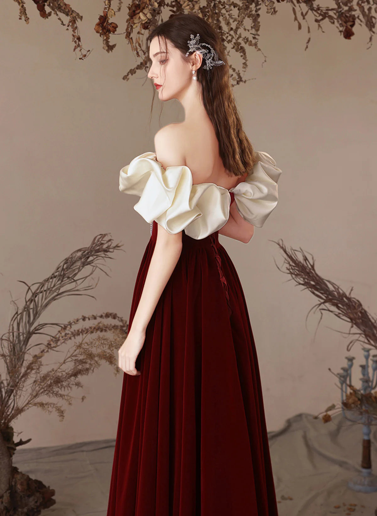 A-line Velvet Wine Red Sweetheart Off Shoulder Prom Dress