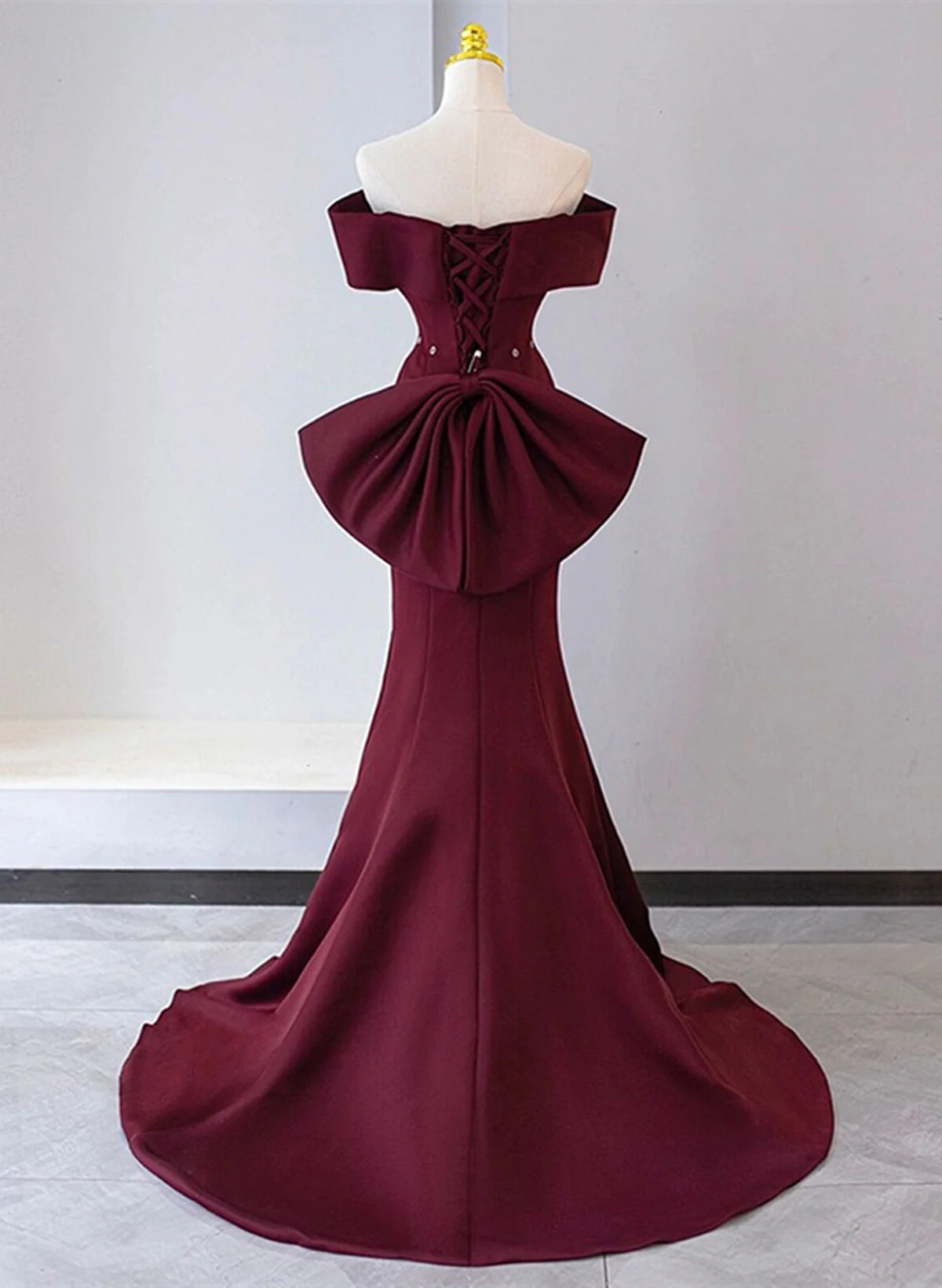 Chic Mermaid Burgundy Satin Off Shoulder Full Of Charm Prom Dress