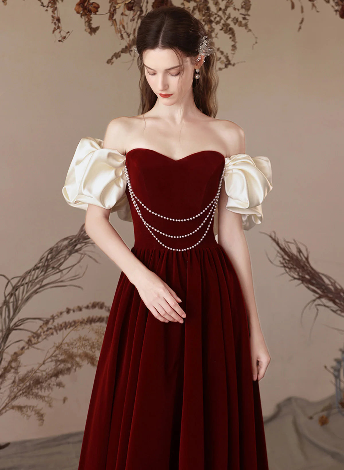 A-line Velvet Wine Red Sweetheart Off Shoulder Prom Dress