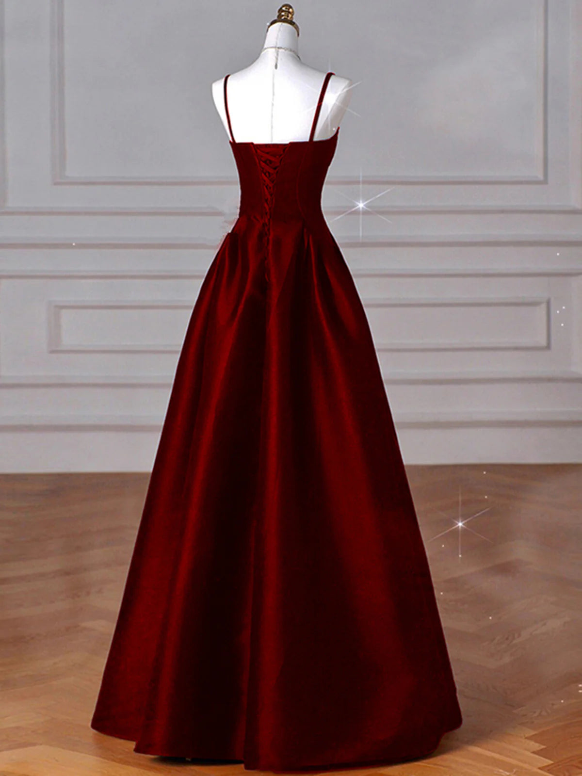 Wine Red A-Line Straps Satin Long Full Of Charm Prom Dress