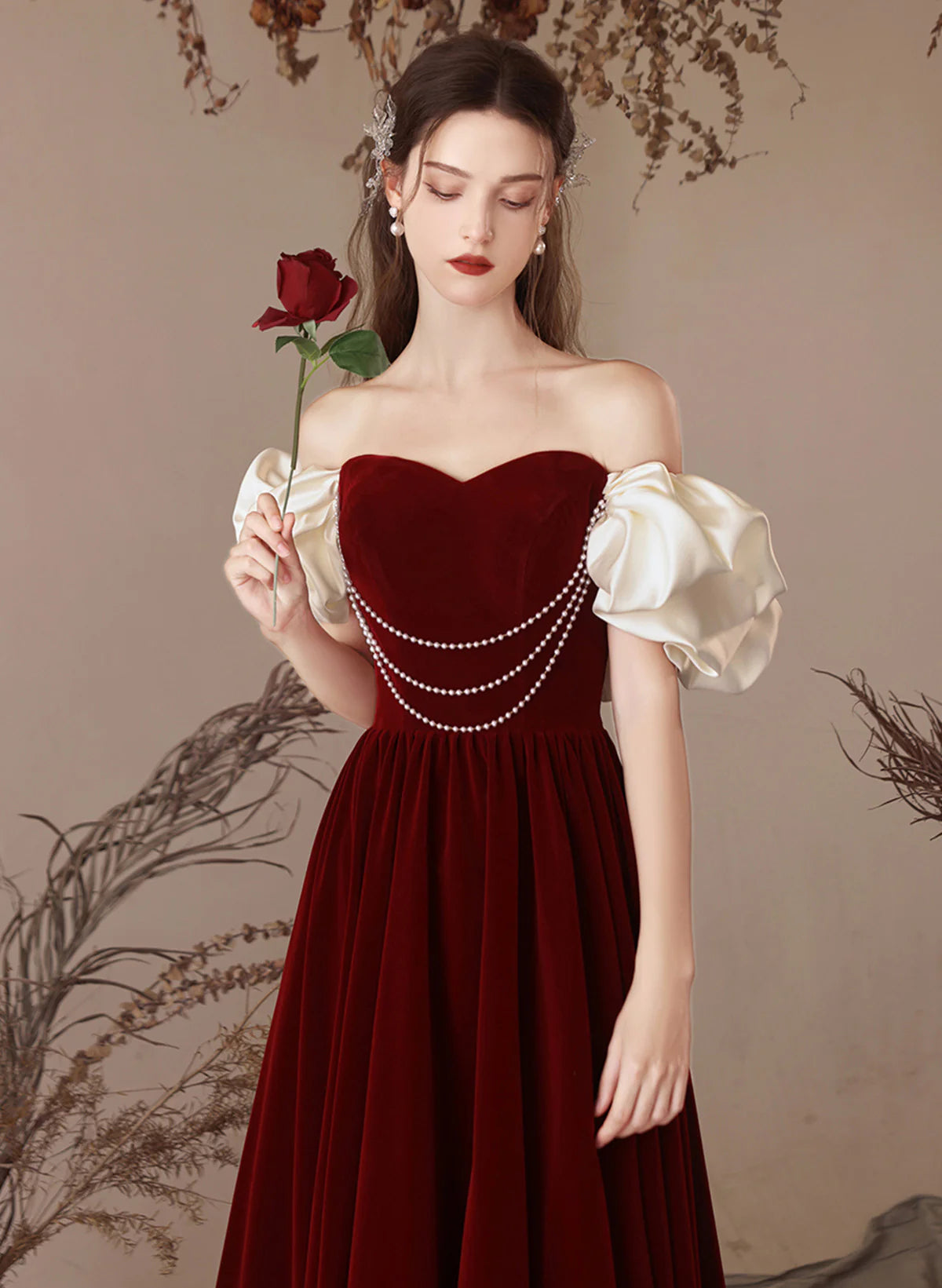 A-line Velvet Wine Red Sweetheart Off Shoulder Prom Dress