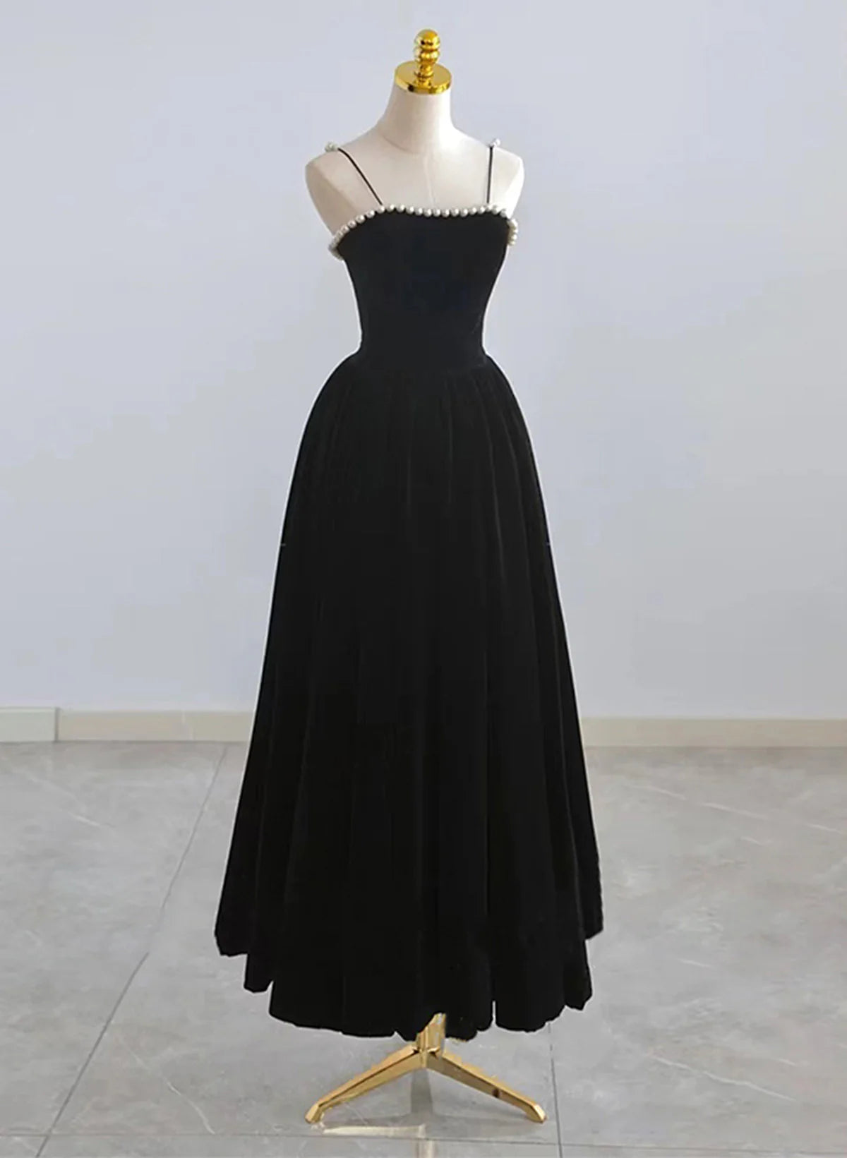 Cute Black Velvet Straps Tea Length Full Of Charm Prom Dress