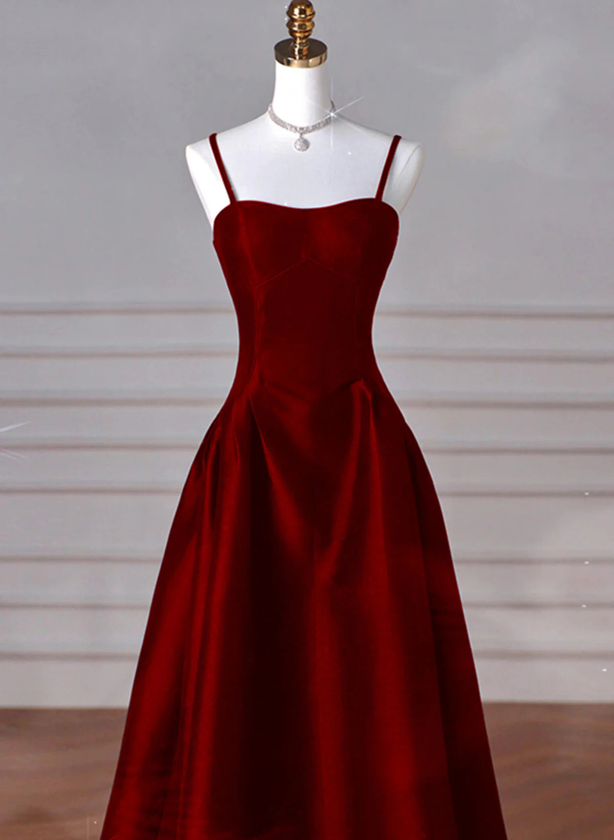 Wine Red A-Line Straps Satin Long Full Of Charm Prom Dress