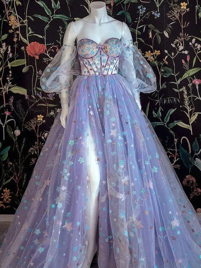 A-line Tulle Floral Off Shoulder Sweetheart Evening Prom Dresses