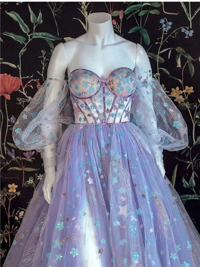 A-line Tulle Floral Off Shoulder Sweetheart Evening Prom Dresses