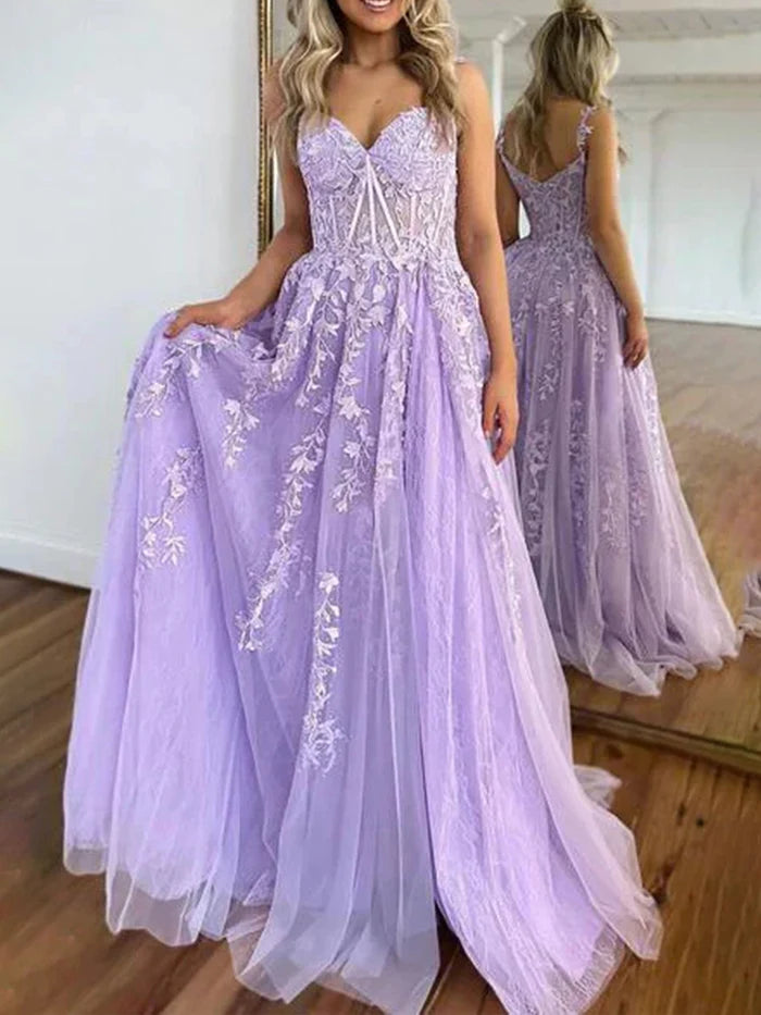 Lilac Prom Dresses Off the Shoulder Sweetheart A-line Lace Appliques Prom Dress