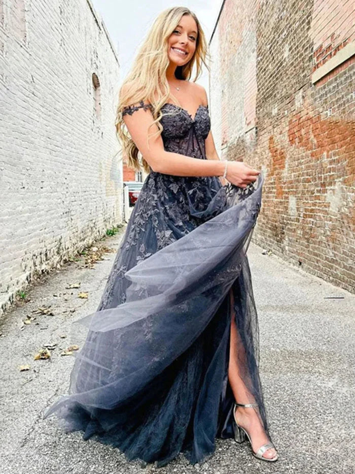 Steel Grey Prom Dresses Off the Shoulder Sweetheart A-line Lace Appliques Prom Dress