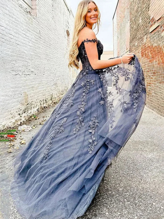Steel Grey Prom Dresses Off the Shoulder Sweetheart A-line Lace Appliques Prom Dress