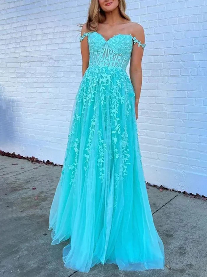 Turquoise Prom Dresses Off the Shoulder Sweetheart A-line Lace Appliques Prom Dress