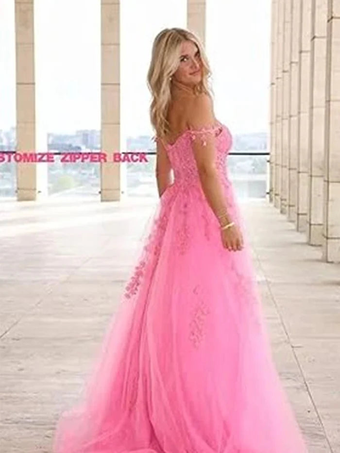 Pink Prom Dresses Off the Shoulder Sweetheart A-line Lace Appliques Prom Dress