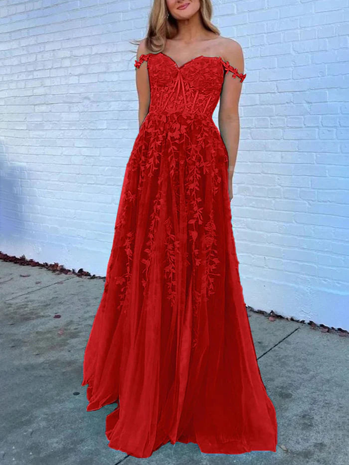Red Prom Dresses Off the Shoulder Sweetheart A-line Lace Appliques Prom Dress