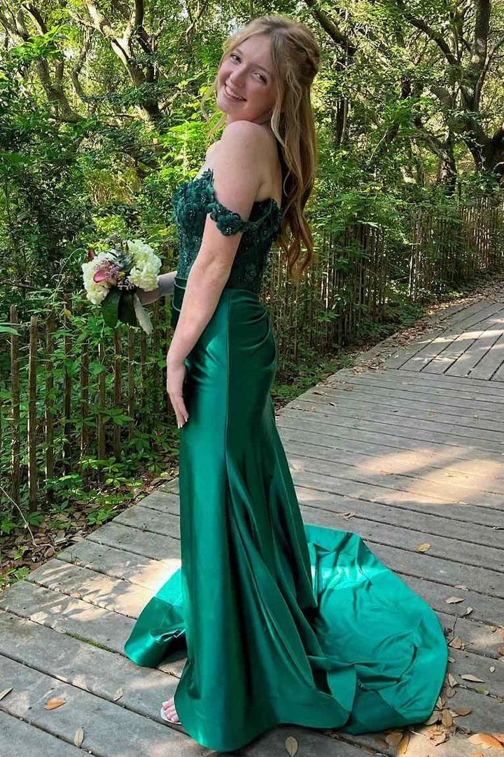 Off-Shoulder 3D Floral Mermaid Pleated Green Formal Prom Dress