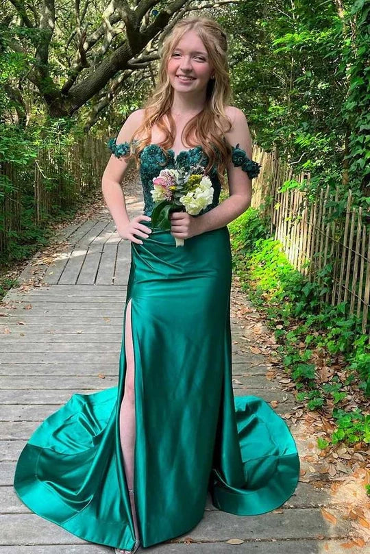 Off-Shoulder 3D Floral Mermaid Pleated Green Formal Prom Dress