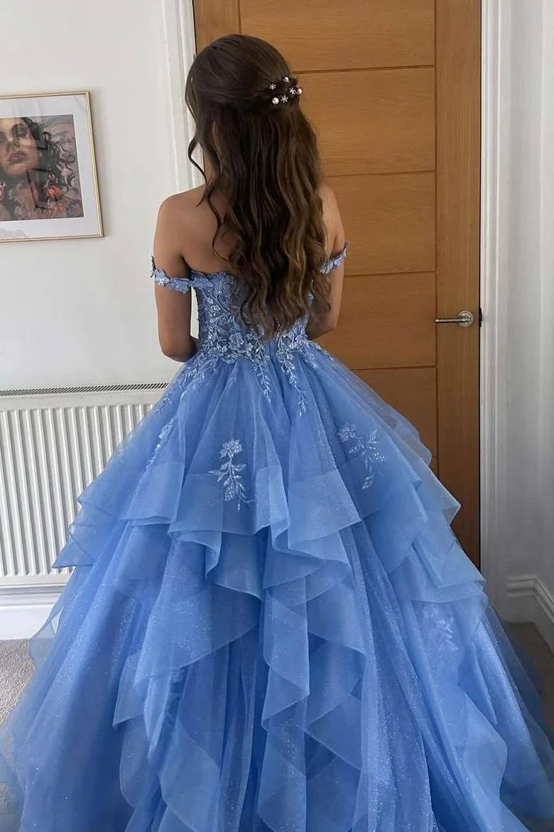Off-Shoulder V-Neck Lace Appliques Ruffles Long Prom Gown