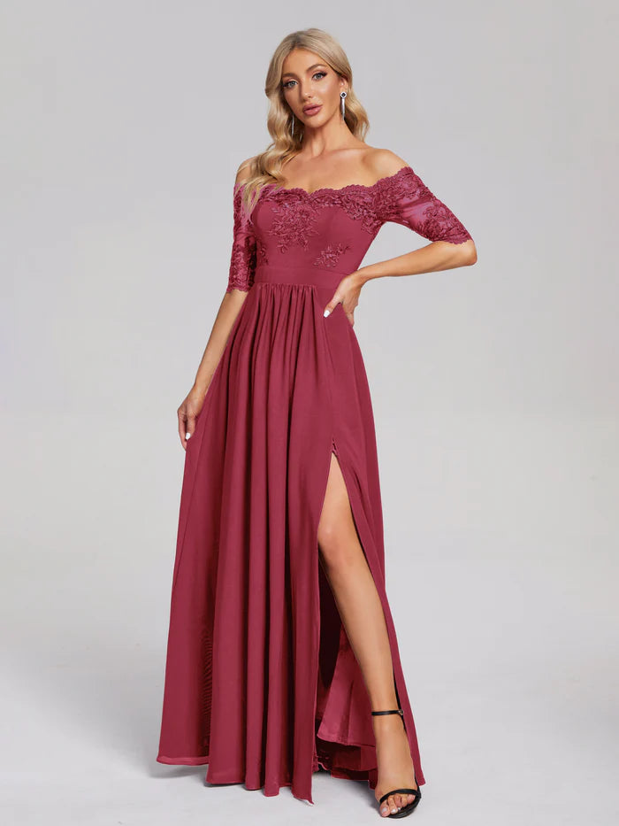 Off the Shoulder Appliqued Lace Chiffon Unique Design Prom Dress