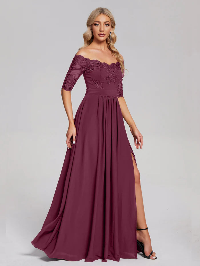 Off the Shoulder Appliqued Lace Chiffon Unique Design Prom Dress
