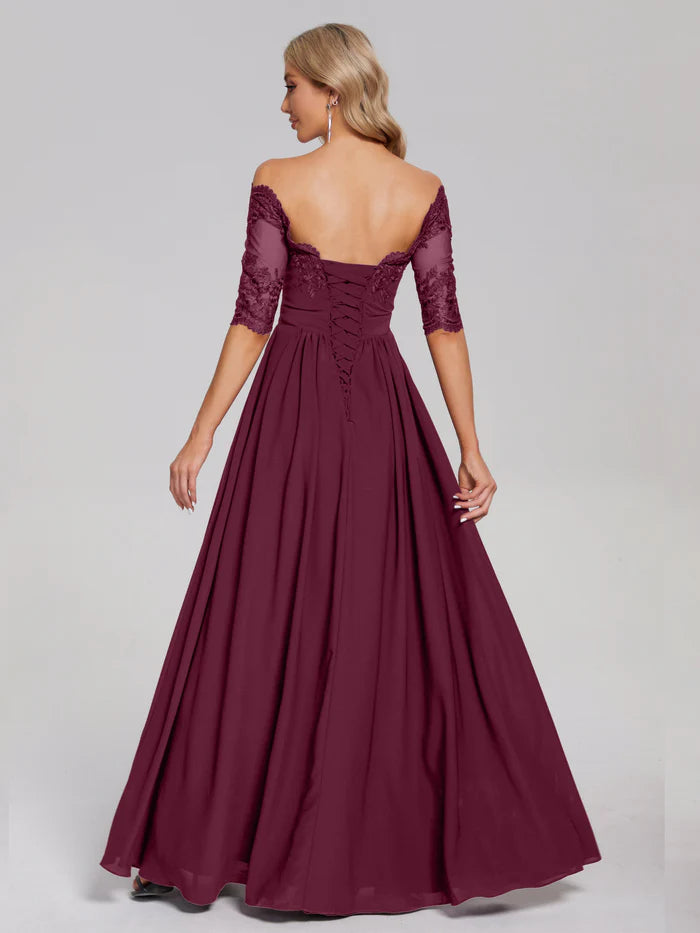 Off the Shoulder Appliqued Lace Chiffon Unique Design Prom Dress