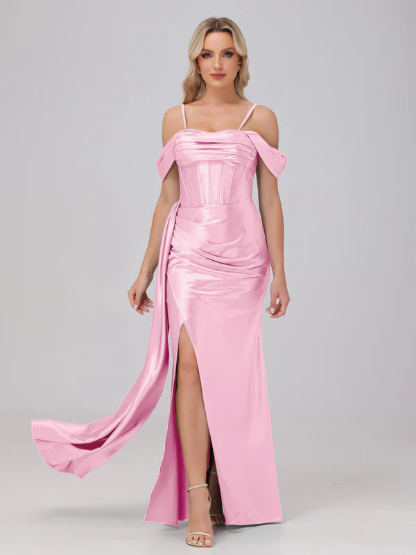 Off the Shoulder Straps Bodice Zip Back Prom Dresses Party Dresses