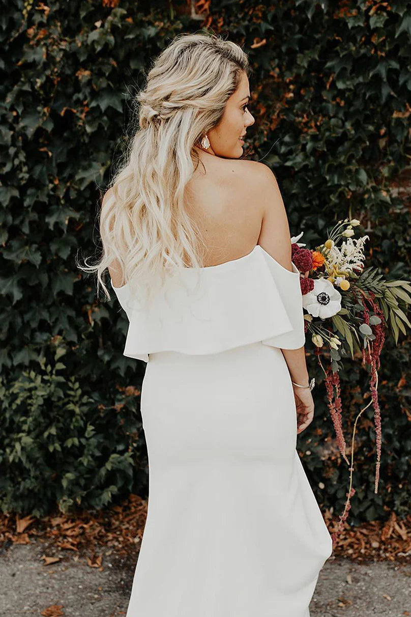 Off-the-Shoulder Crepe Wedding Dresses with Ruffle Bodice, High Slit and Detachable Tulle Train Bridal Gown