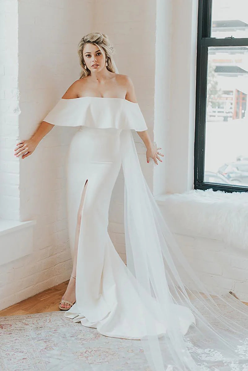 Off-the-Shoulder Crepe Wedding Dresses with Ruffle Bodice, High Slit and Detachable Tulle Train Bridal Gown