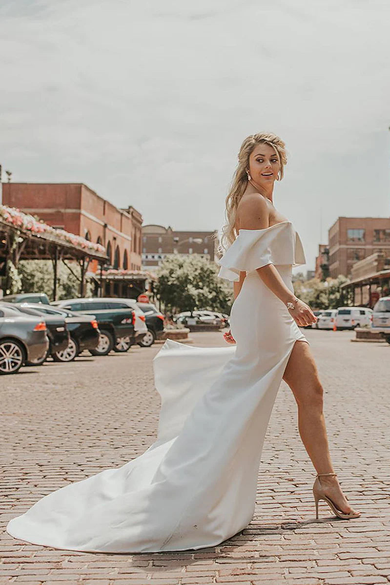 Off-the-Shoulder Crepe Wedding Dresses with Ruffle Bodice, High Slit and Detachable Tulle Train Bridal Gown