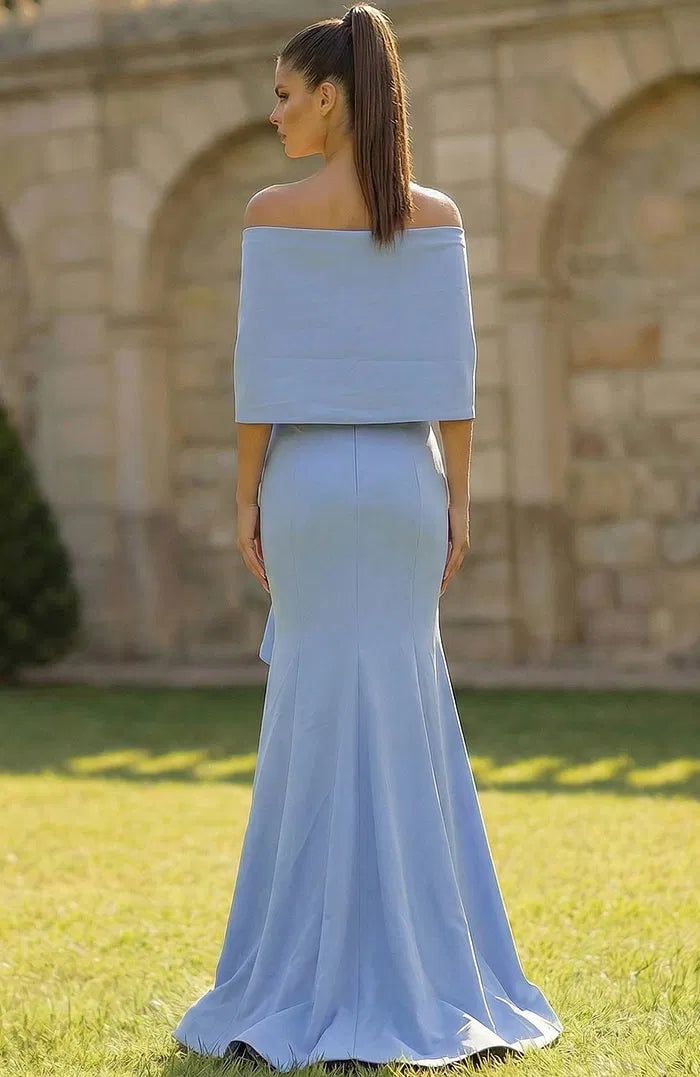 Off-the-Shoulder Evening Dress with Convertible Bow Detail, Ruffle Accent and Mermaid Silhouette