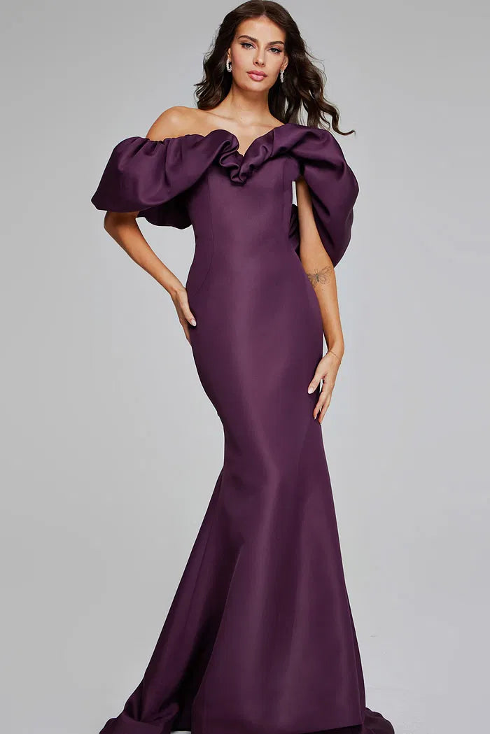 Off-the-Shoulder Evening Dress with Dramatic Ruffled Sleeves, Mermaid Silhouette and Sweeping Train