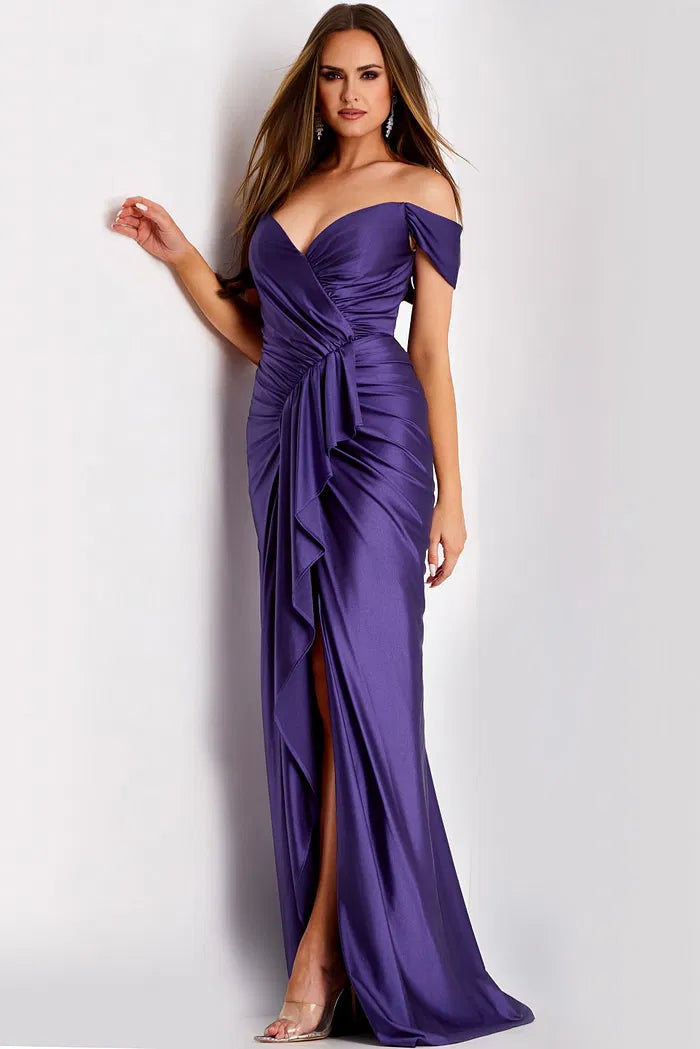 Off-the-Shoulder Evening Dress with Ruched Bodice, Ruffle Detail, High Slit and Satin Finish